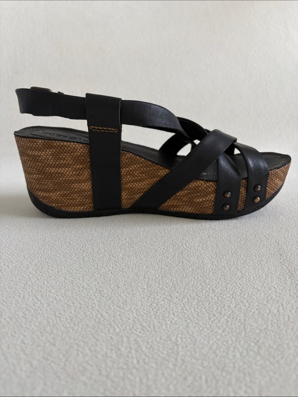 bussola Formentera Black Leather Straps Wedge Sandals with Brown Woven Platform